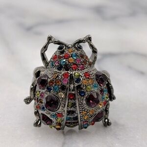 Gunmetal, Silver‎ tone & Multi Crystal Chunky Ladybug Insect Stretch Band Ring